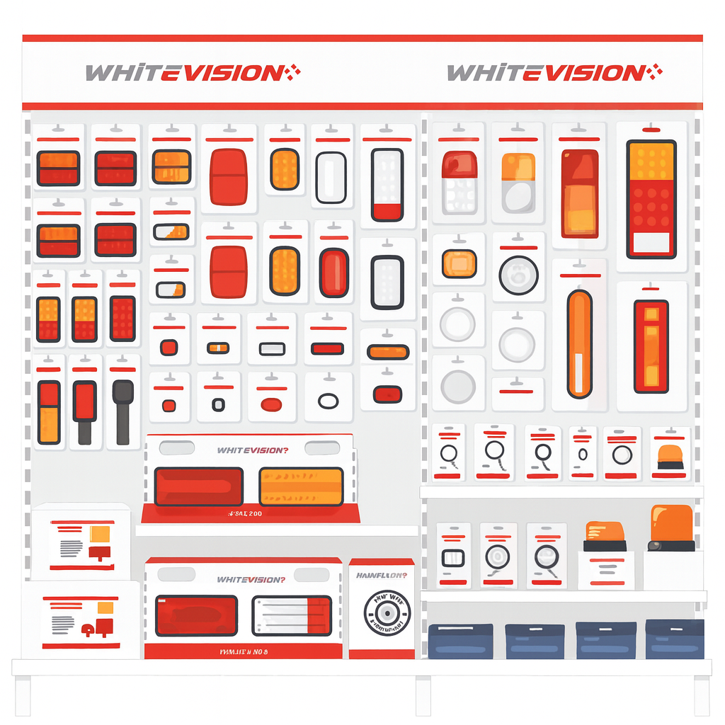 Whitevision merchandising display stand showcasing LED trailer lamps, reflectors, plugs and sockets